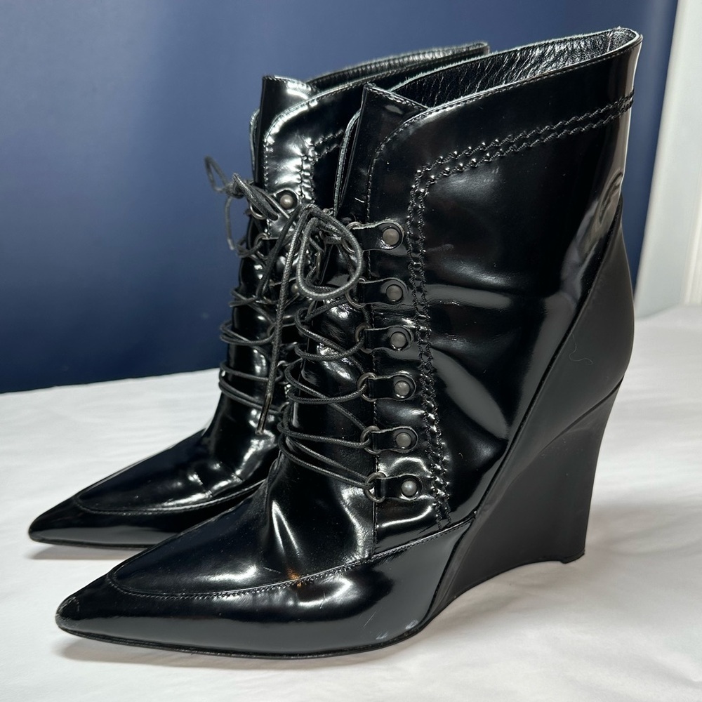 Derek Lam Patent Leather Lace-Up Pointed Toe Wedge Booties Size 7‎
